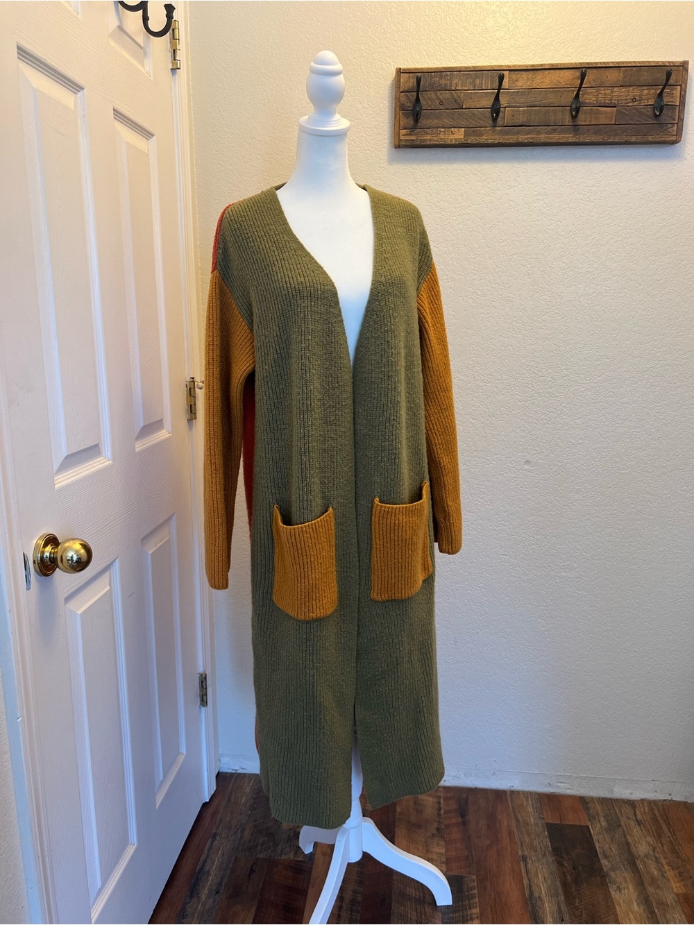 Long Open-Front Olive & Mustard Colorblock Cardigan